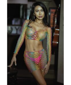 Vibrant Diamond Net 2 Pc Top and Skirt Set Rainbow